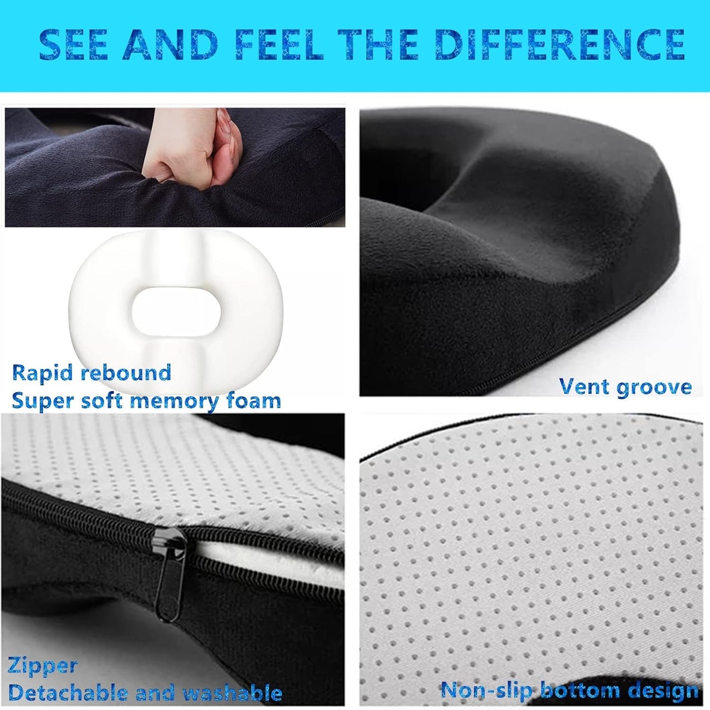 Menbyci Donut Pillow for Tailbone Pain Relief Memory Foam Cushion Black