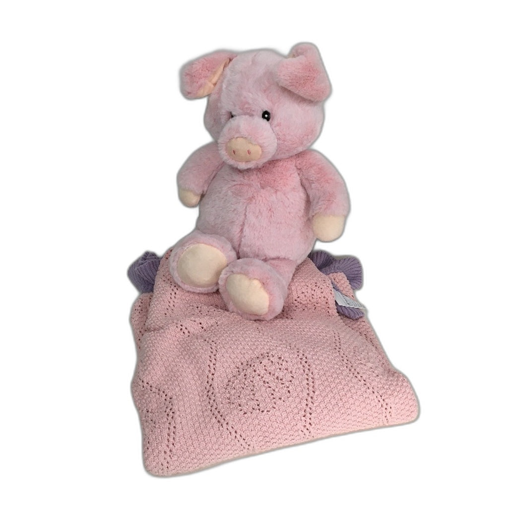Kids Bedroom Pink Molly Knitted Throw Blanket & Large Pig Stuffed Toy Set NEW