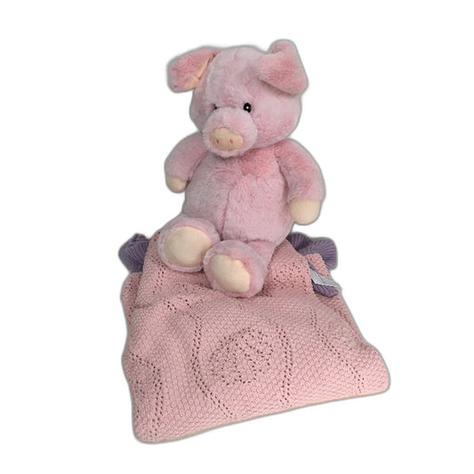 Kids Bedroom Pink Molly Knitted Throw Blanket & Large Pig Stuffed Toy Set NEW