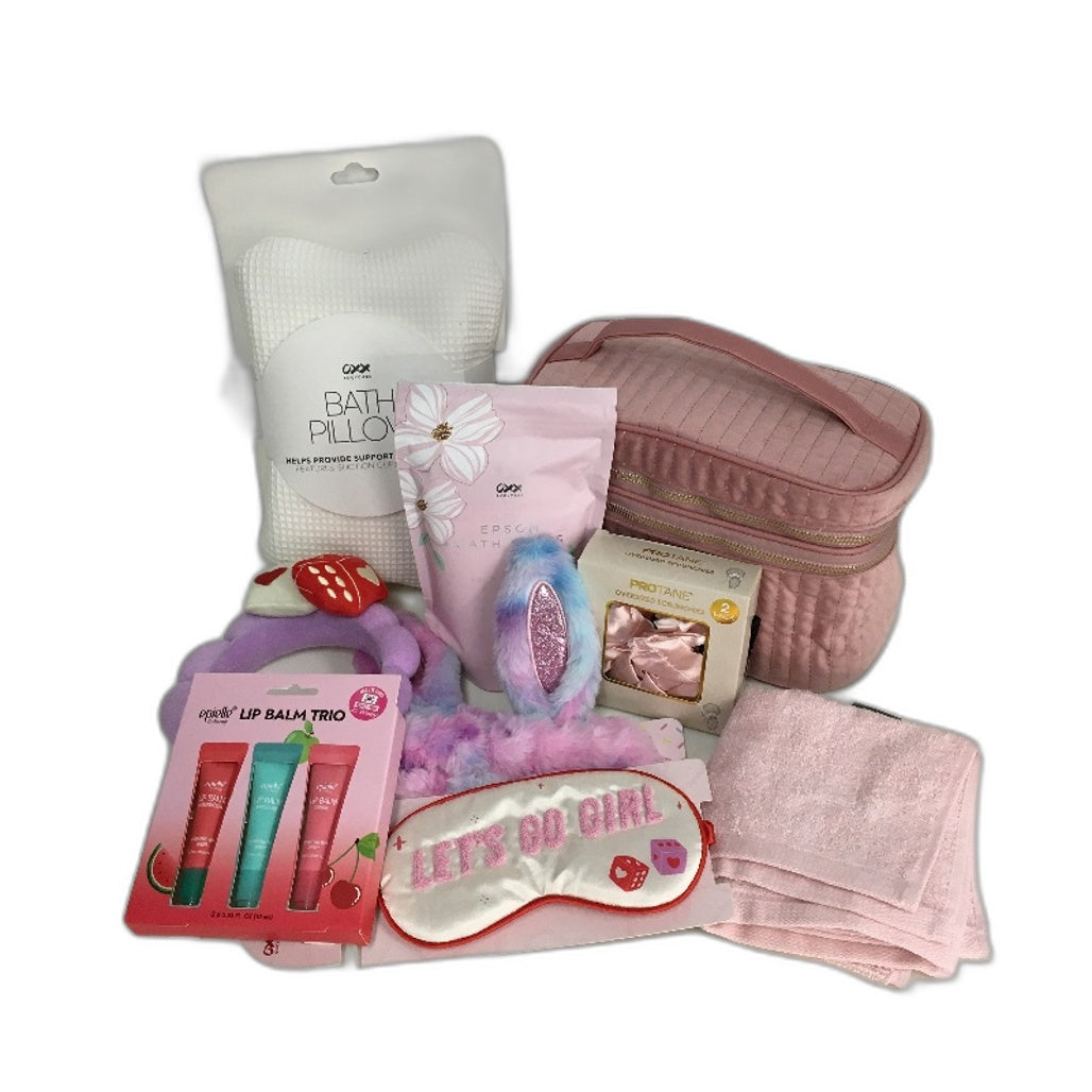 Travel Beauty Case Pink Themed Ladies 10 Piece Pamper Pack Incl Bath Pillow NEW