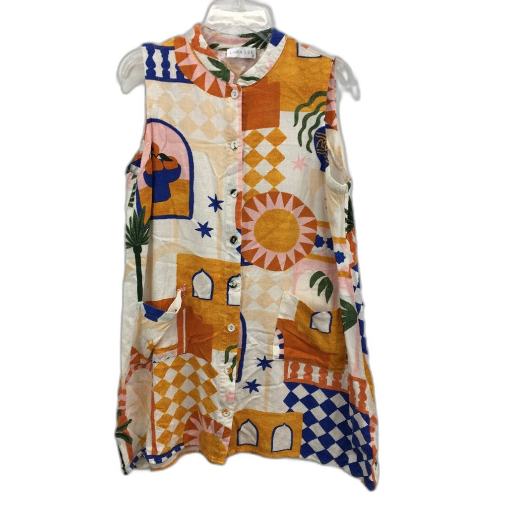 Linen Lux Multicoloured Linen Blend Sleeveless Long Swing Top Ladies Size 12