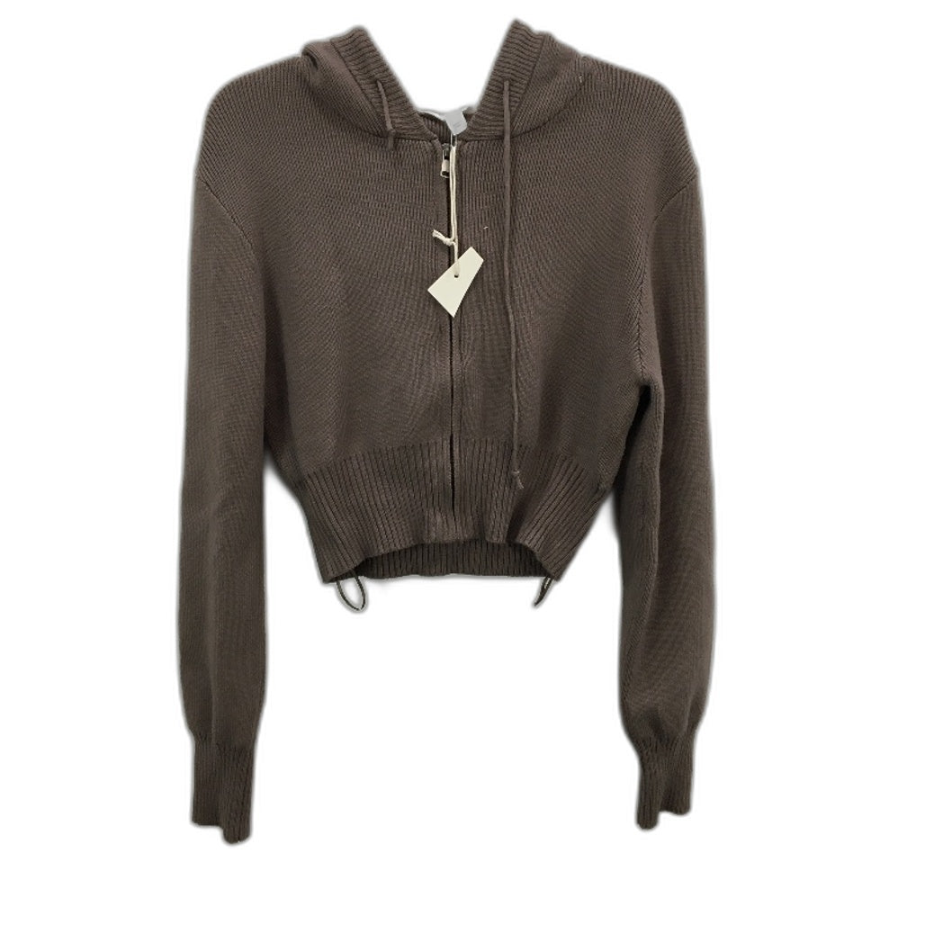 Subtitled Slate Brown Maylee Knit Zip Through Hood Crop Jumper Ladies Large NEW