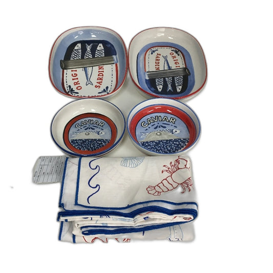 Mediterranean Life 5 Pce Sardine Fish Themed Serving Dishes & Tablecloth Set NEW