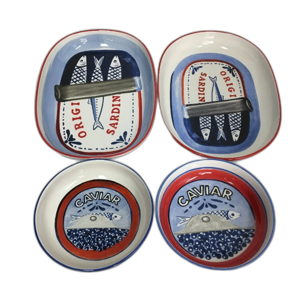 Mediterranean Life 5 Pce Sardine Fish Themed Serving Dishes & Tablecloth Set NEW