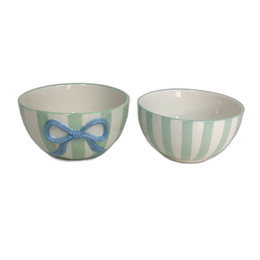 Ceramic Green White Stripe With Bows Jug, Serving Dishes & Tablecloth Set NEW