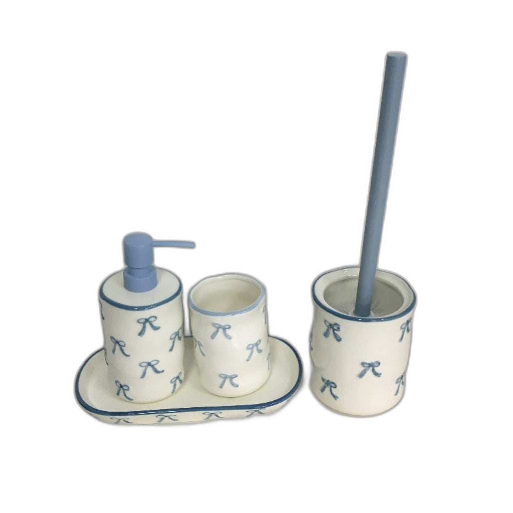 White Ceramic Blue Bow Accent 5 Piece Bathroom Container & Toilet Set NEW