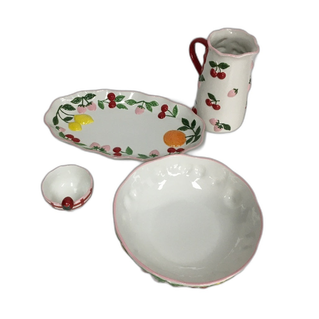 Fruit Salad White & Strawberries Home Decor Ceramic Jug & Platter 4 Pce Set NEW