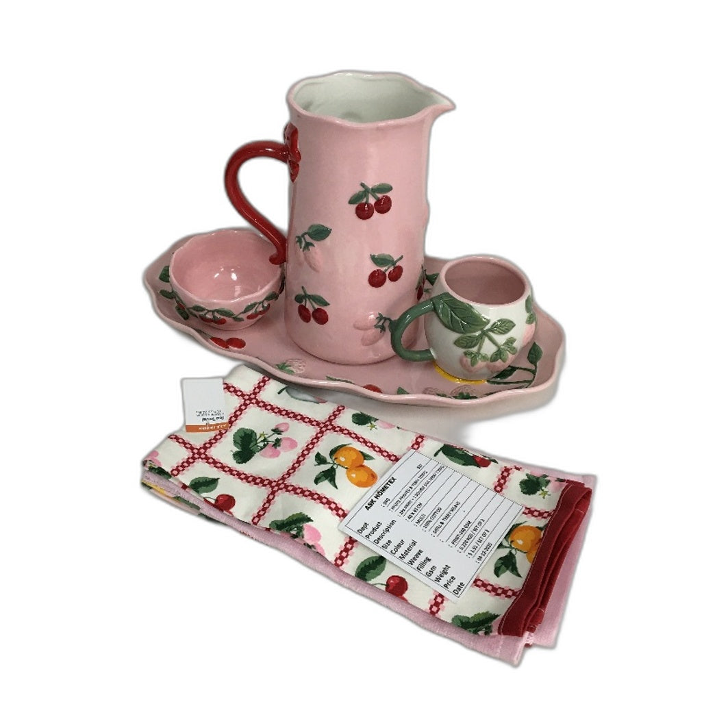 Fruit Salad Pink Cherries Strawberries Ceramic Jug Platter Mug 8 Pce Set NEW