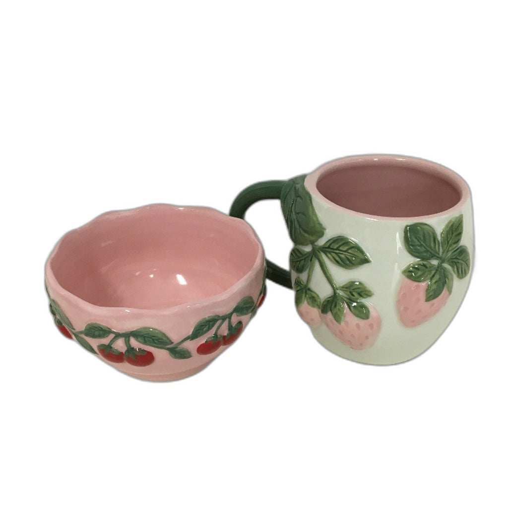 Fruit Salad Pink Cherries Strawberries Ceramic Jug Platter Mug 8 Pce Set NEW