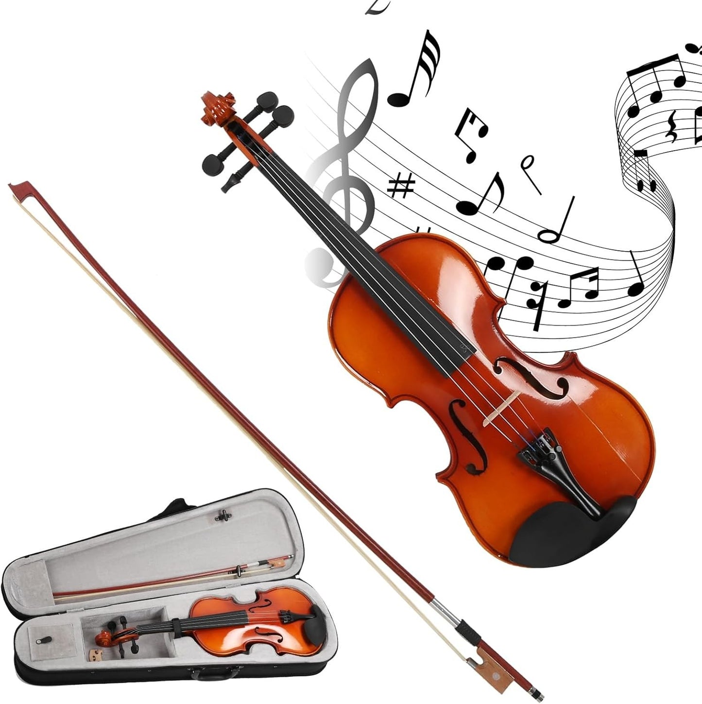 4/4 Full Size Violin Beginner Kit with Bow, Case & Rosin Wood Colour DEMO