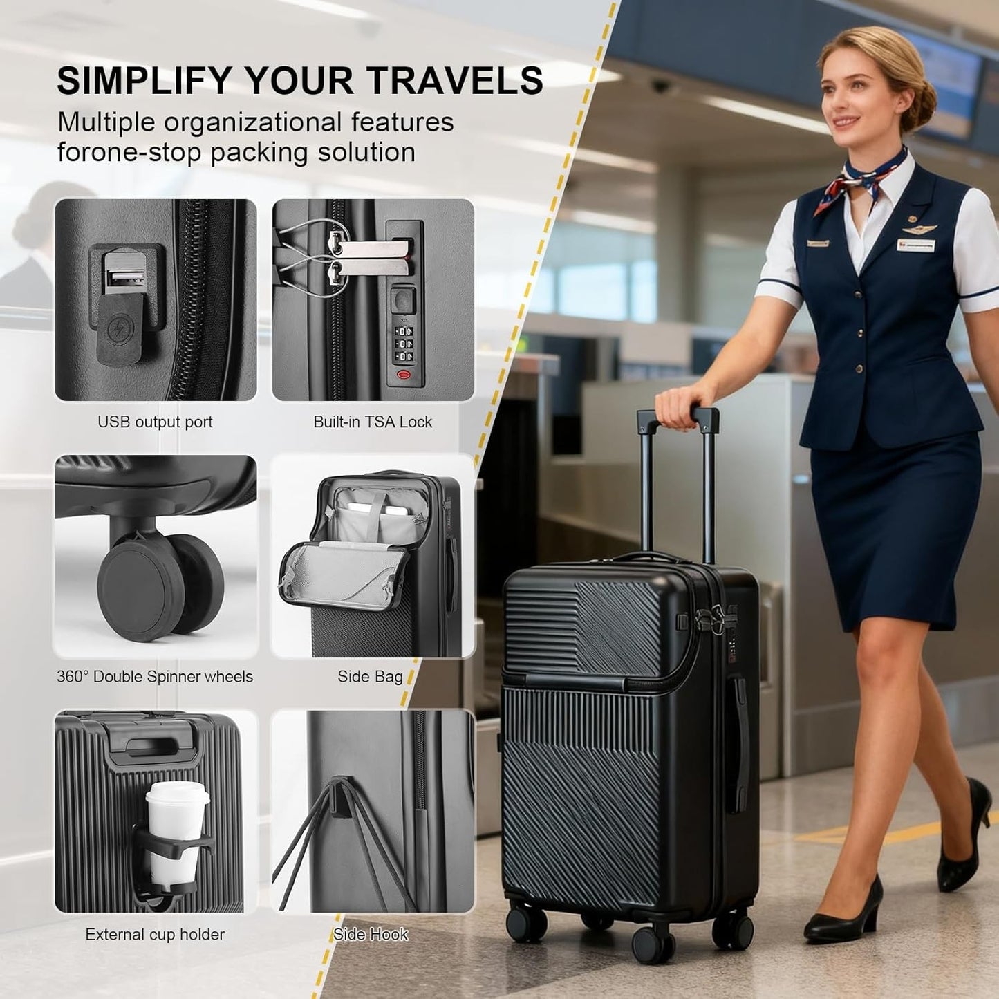 Black 20 Inch Hard Shell Carry On Luggage w/ Lock & USB Port 360° Spinner Wheels