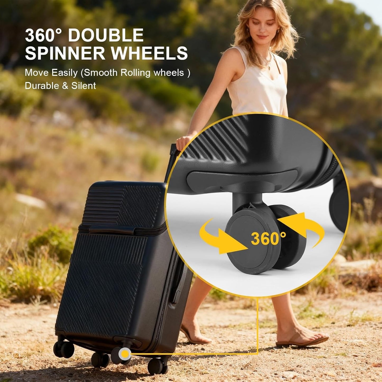 Black 20 Inch Hard Shell Carry On Luggage w/ Lock & USB Port 360° Spinner Wheels