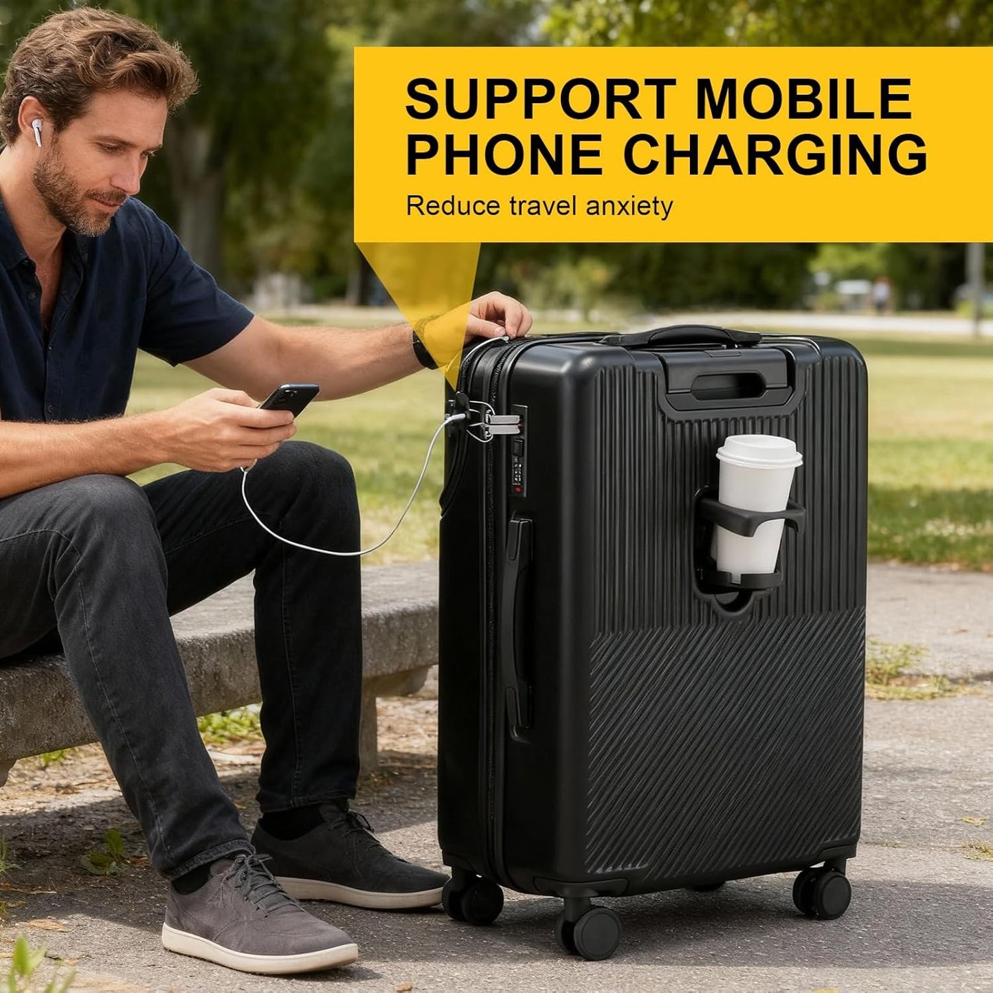 Black 20 Inch Hard Shell Carry On Luggage w/ Lock & USB Port 360° Spinner Wheels