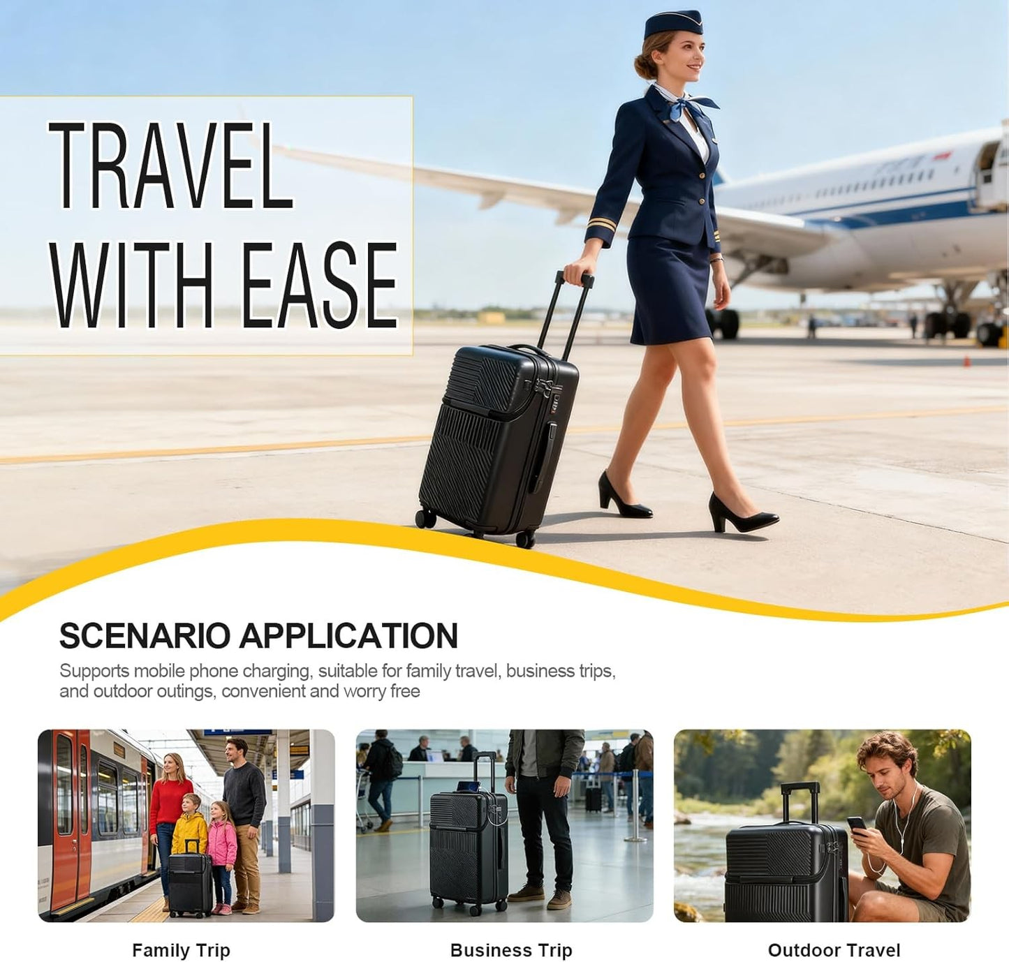 Black 20 Inch Hard Shell Carry On Luggage w/ Lock & USB Port 360° Spinner Wheels