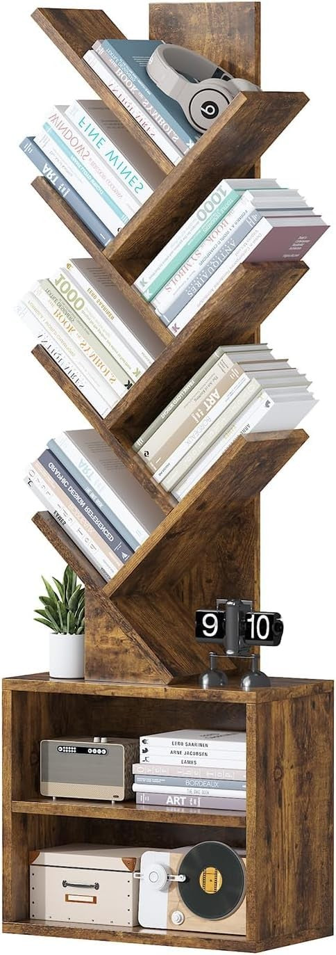Rustic Brown 6-Shelf Tree Bookshelf for Home Office & Living Room 20x37x120cm