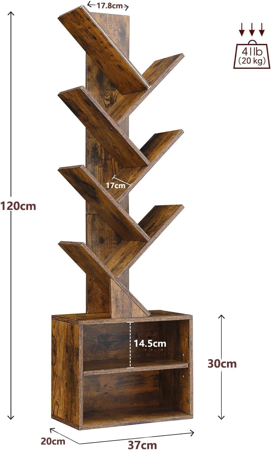 Rustic Brown 6-Shelf Tree Bookshelf for Home Office & Living Room 20x37x120cm