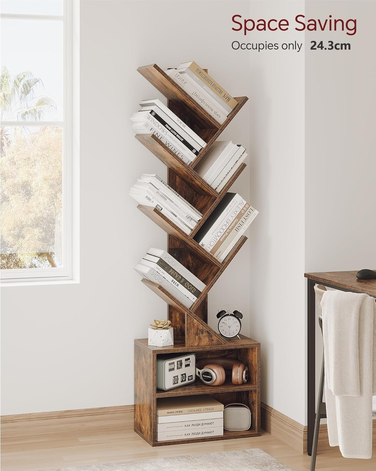 Rustic Brown 6-Shelf Tree Bookshelf for Home Office & Living Room 20x37x120cm