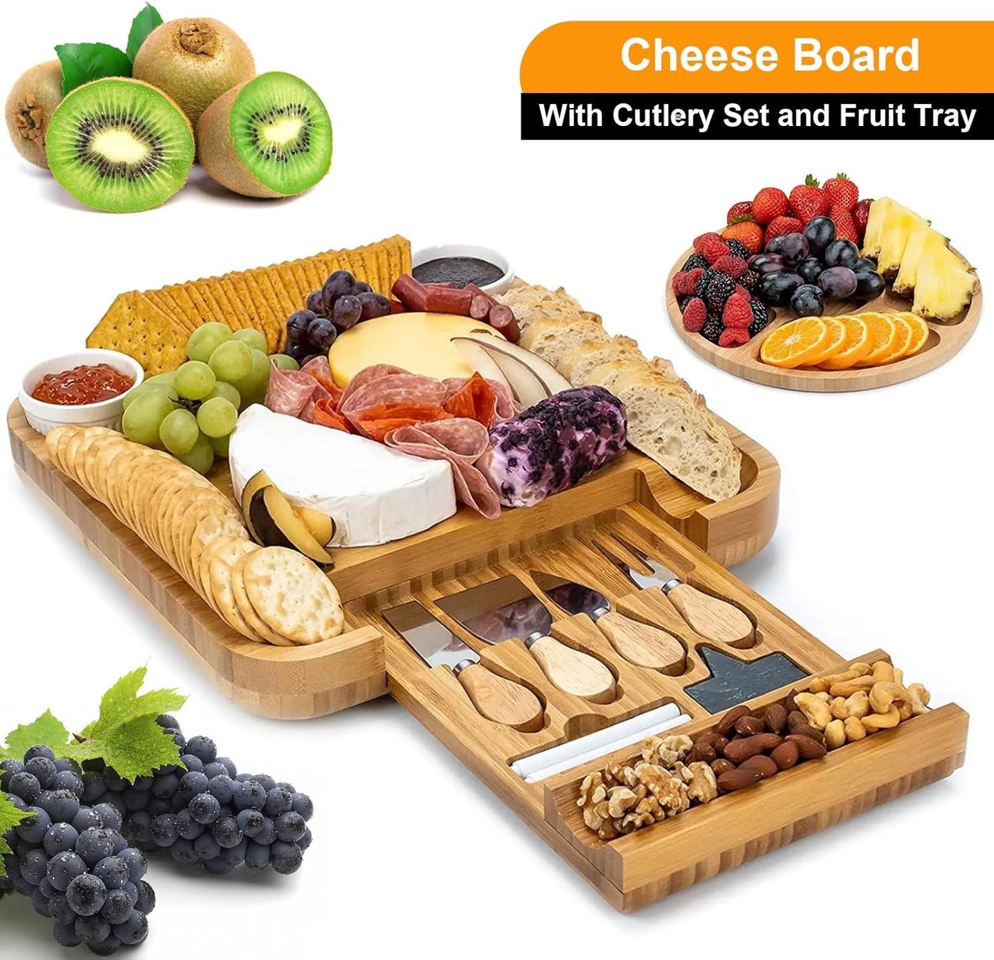 BonGu Premium Bamboo Cheese Board Set with Accessories for Unique Gifts NEW