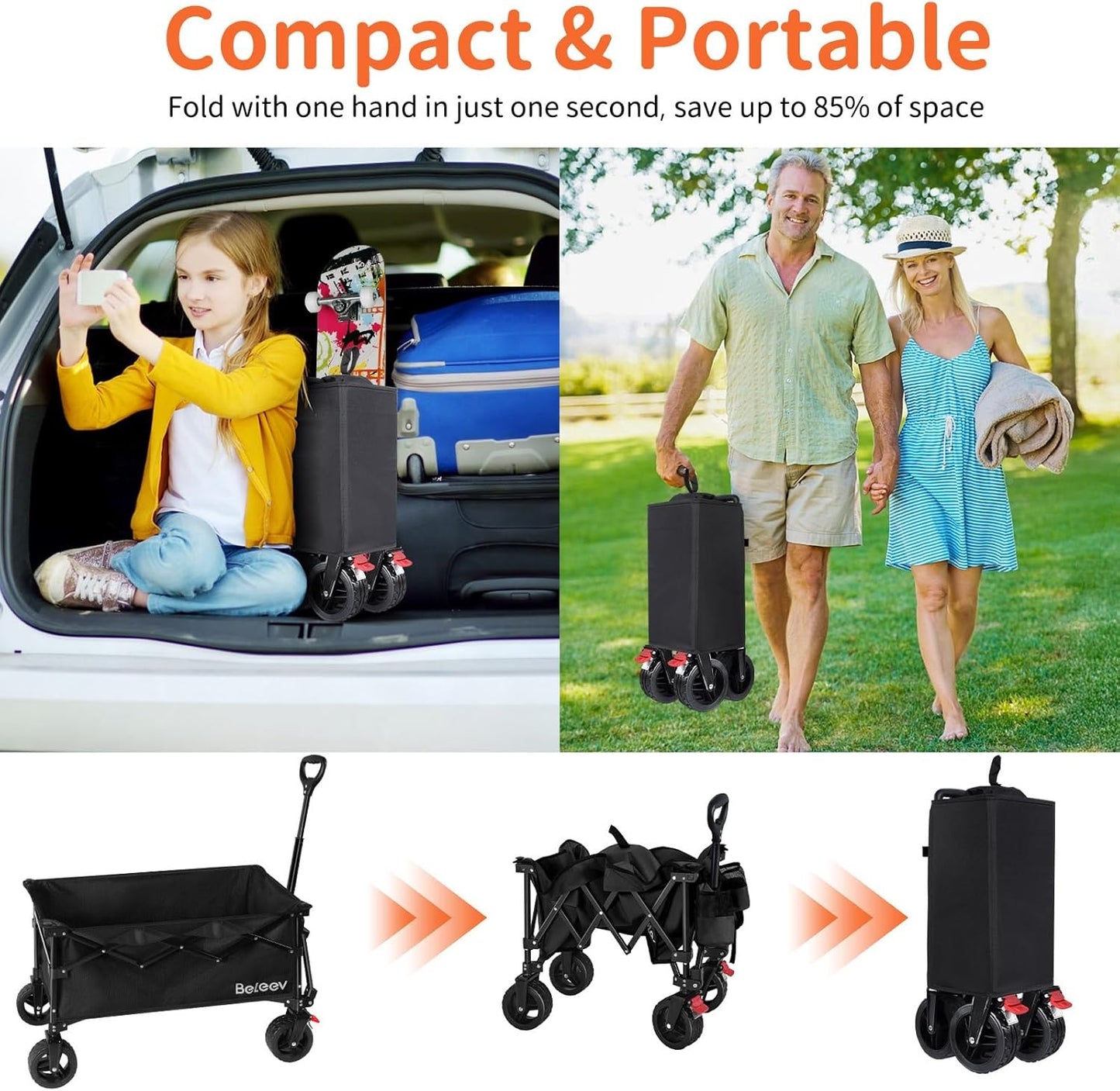BELEEV Heavy Duty Collapsible Wagon Cart with All-Terrain Wheels 130L NEW