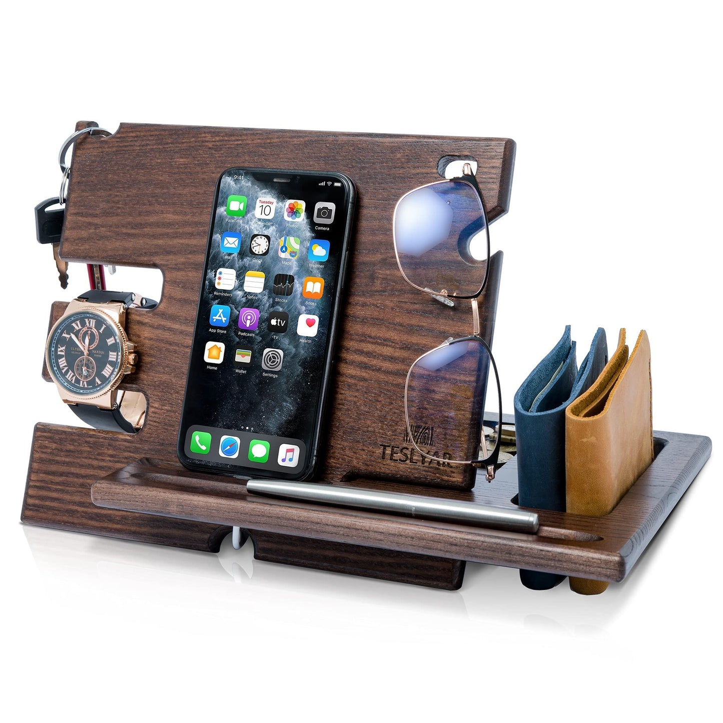 Teslyar PRVAR Wood Phone Docking Station and Accessories Holder Stand NEW