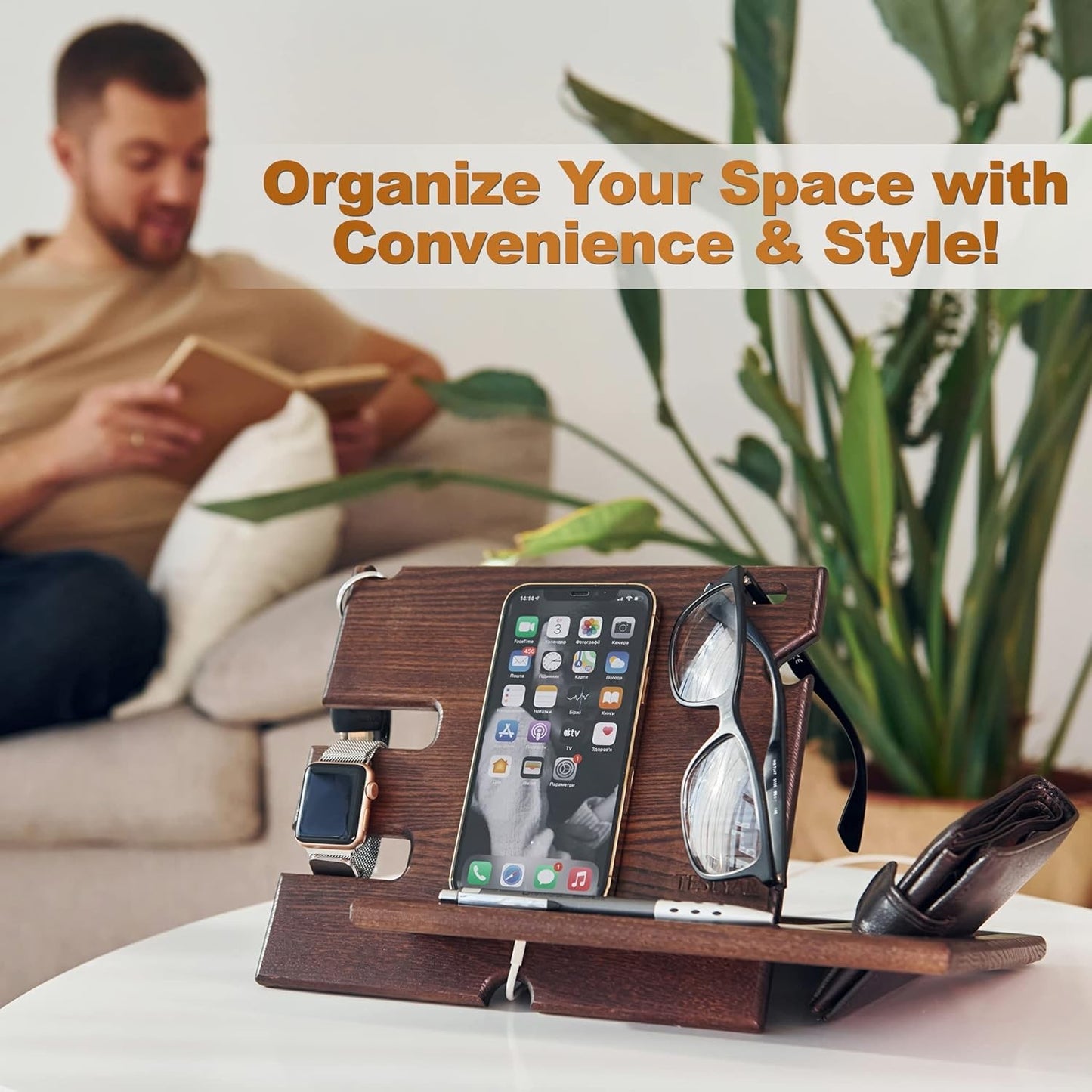 Teslyar PRVAR Wood Phone Docking Station and Accessories Holder Stand NEW