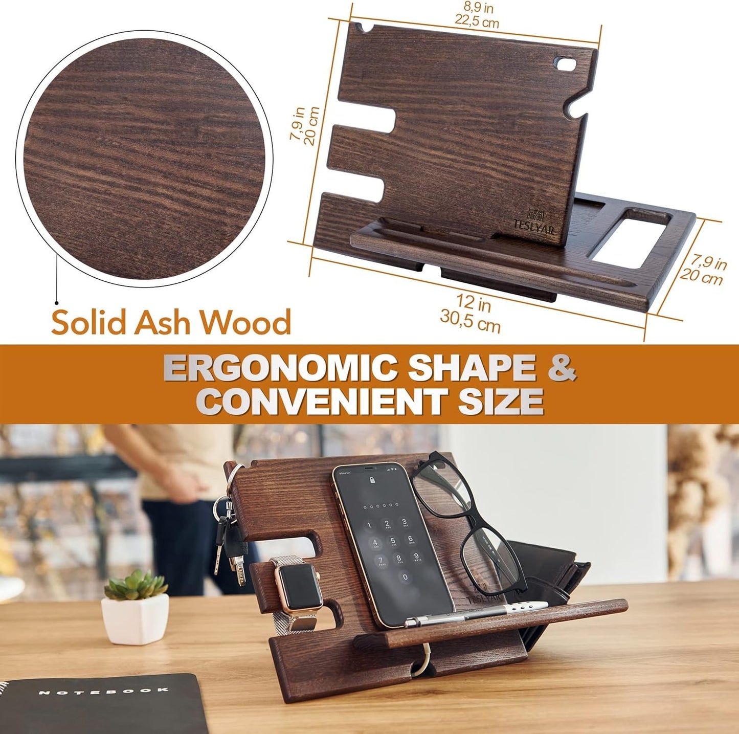 Teslyar PRVAR Wood Phone Docking Station and Accessories Holder Stand NEW