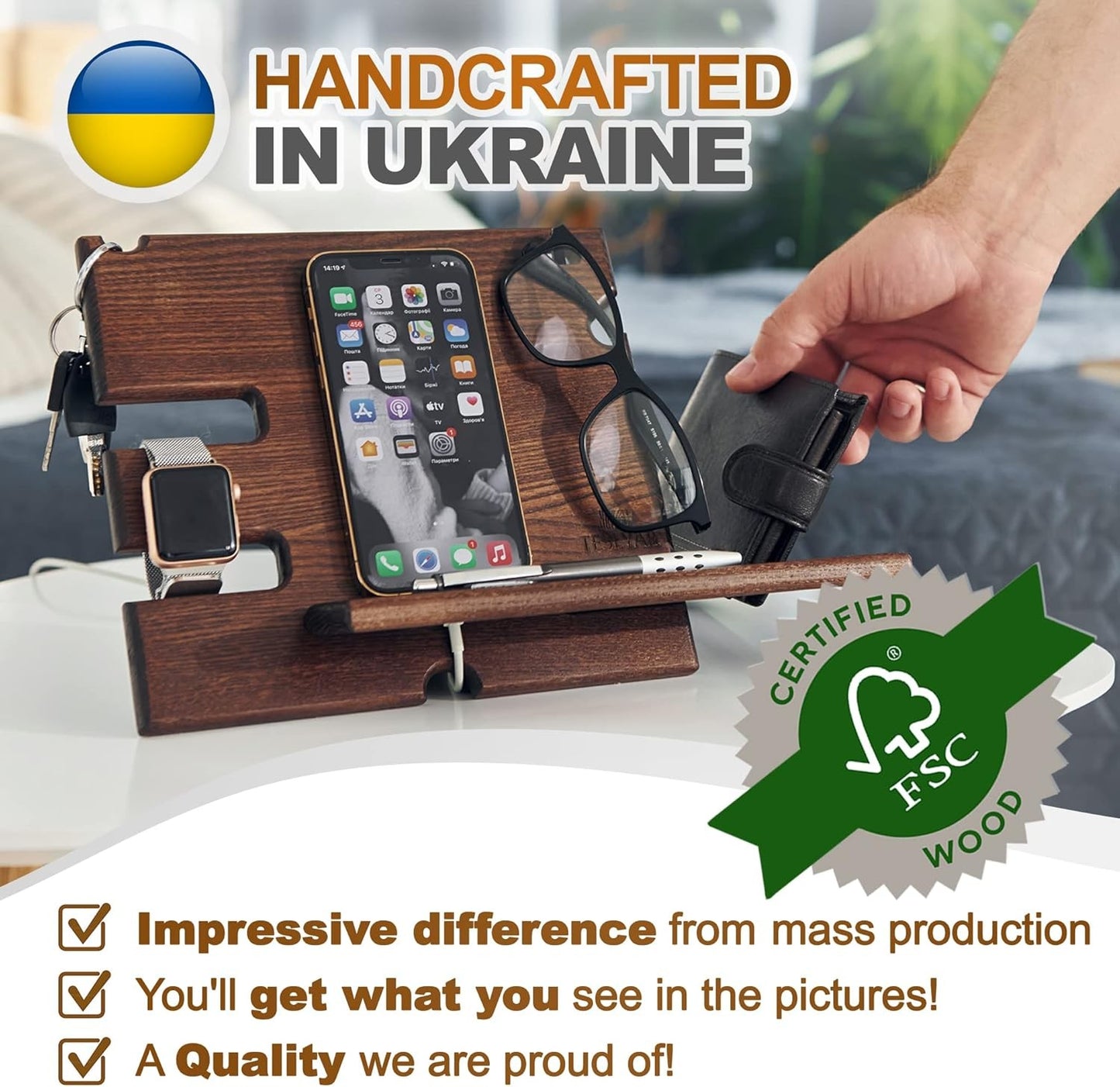 Teslyar PRVAR Wood Phone Docking Station and Accessories Holder Stand NEW