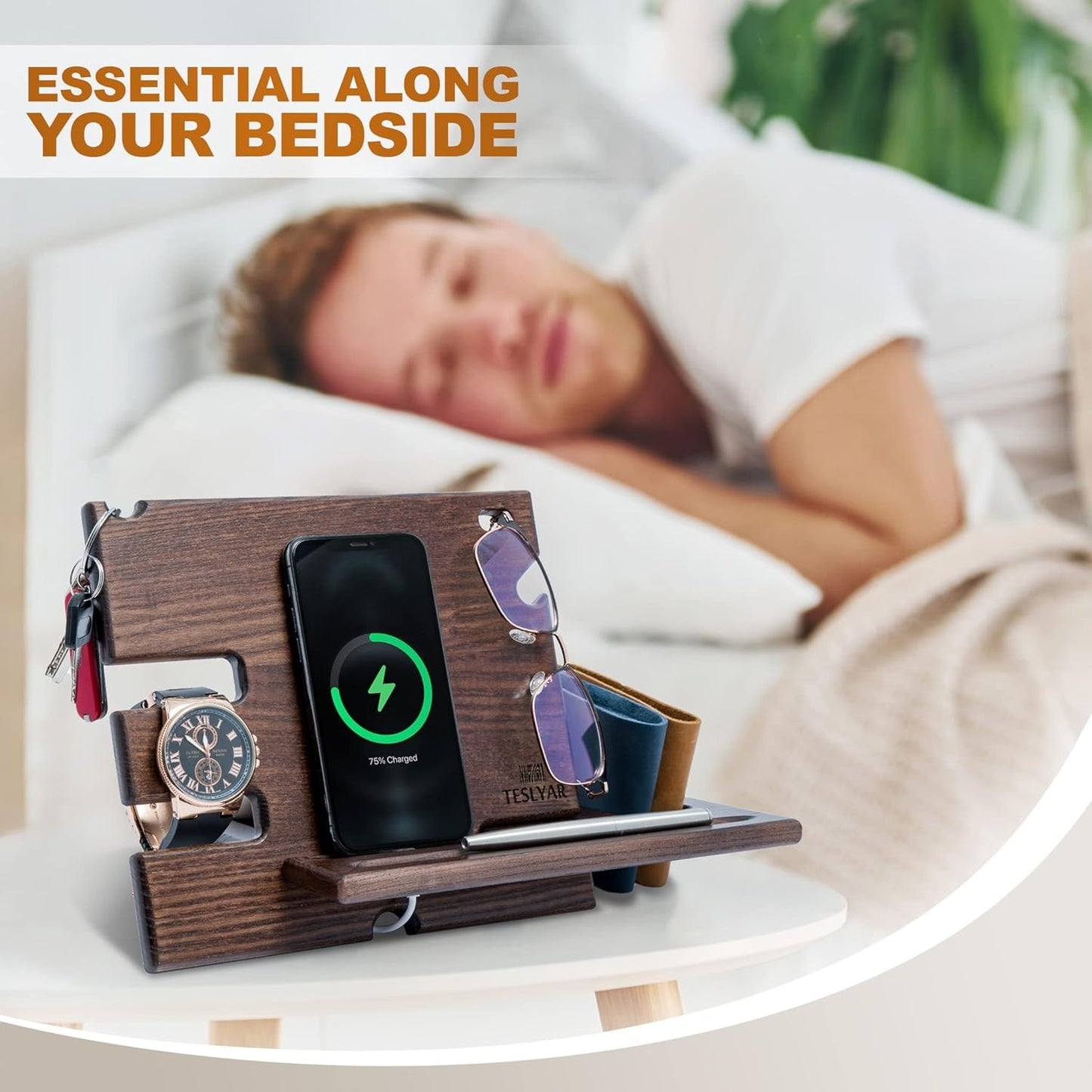 Teslyar PRVAR Wood Phone Docking Station and Accessories Holder Stand NEW