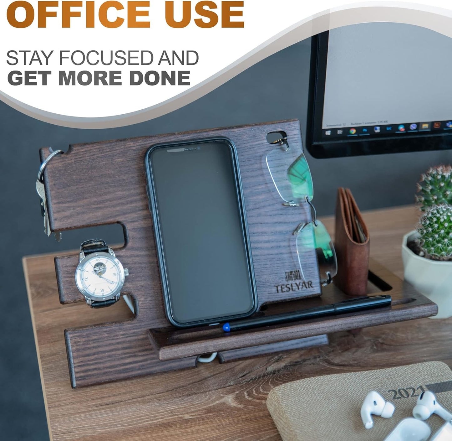 Teslyar PRVAR Wood Phone Docking Station and Accessories Holder Stand NEW