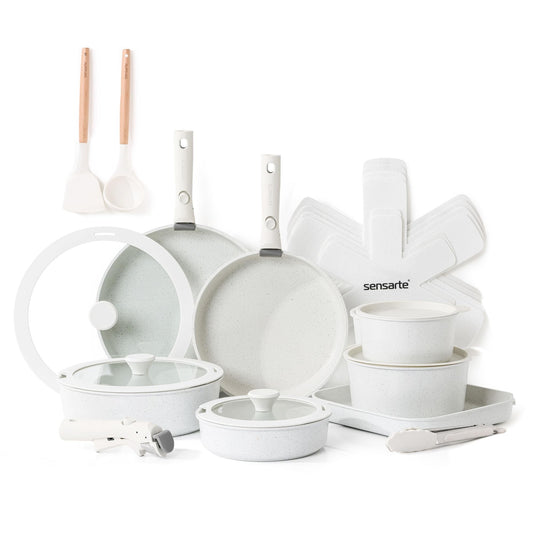 SENSARTE 24 Piece Nonstick Cookware Set with Detachable Handles White NEW