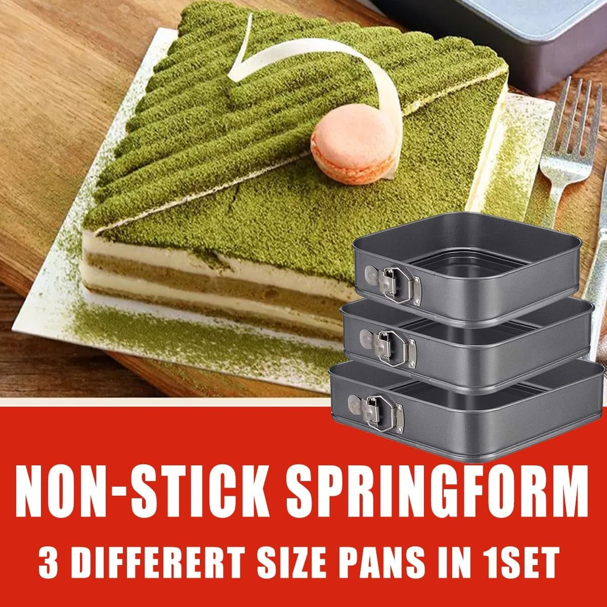 Non-Stick Square Springform Cake Pan Set of 3 with Removable Bottom NEW