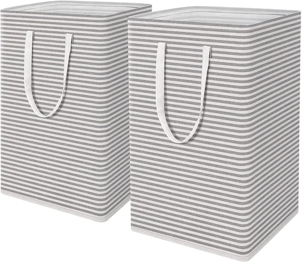 ALINK 2 Pack 75L Collapsible Grey White Stripes Laundry Hamper Baskets NEW