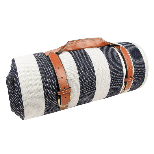 Goodsnetic 200cm Oversized Waterproof Black Navy Stripe Picnic Blanket NEW
