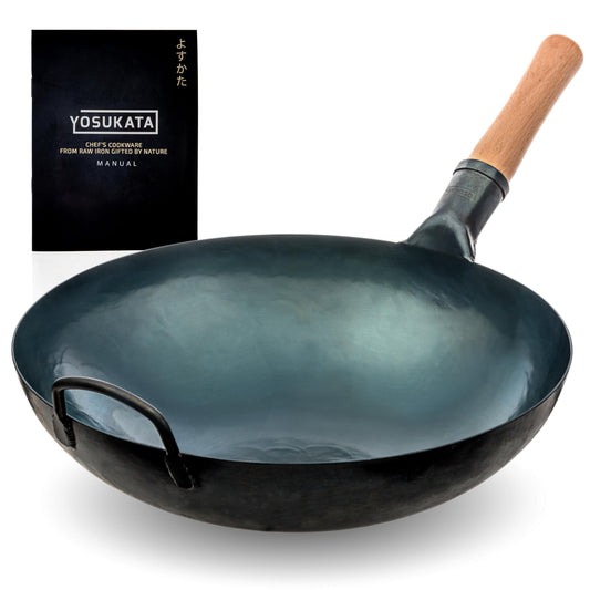 YOSUKATA 36cm Blue Round Bottom Carbon Steel Pre-Seasoned Wok Pan NEW