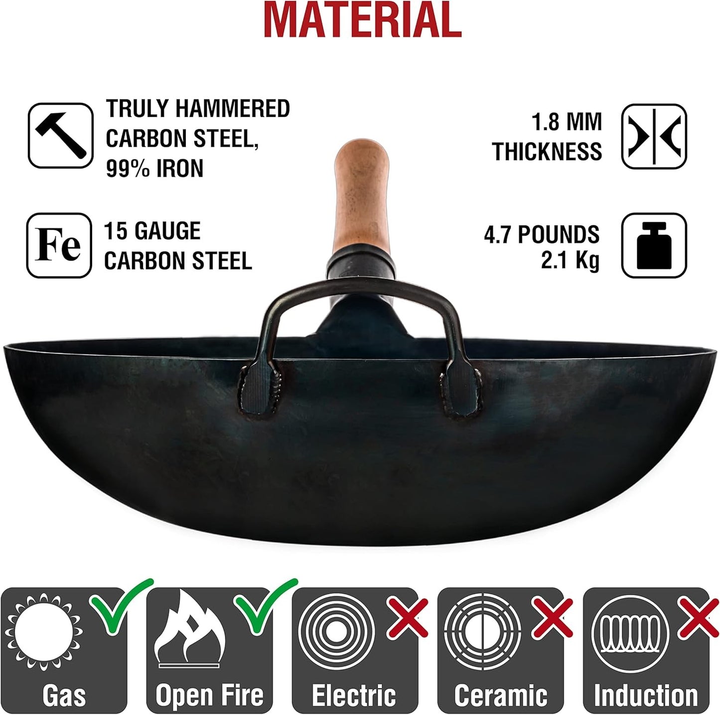 YOSUKATA 36cm Blue Round Bottom Carbon Steel Pre-Seasoned Wok Pan NEW