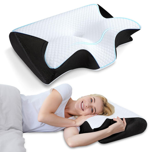HOMCA 2-in-1 Cervical Neck Pillow Black Ergonomic Orthopedic Memory Foam NEW