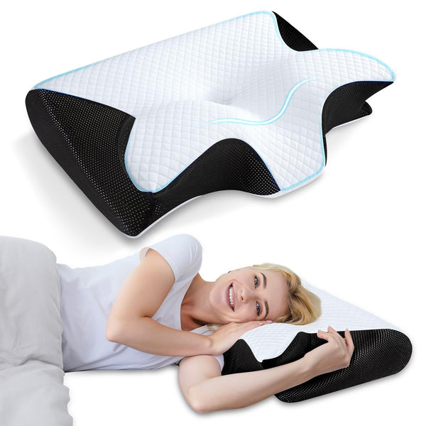 HOMCA 2-in-1 Cervical Neck Pillow Black Ergonomic Orthopedic Memory Foam NEW
