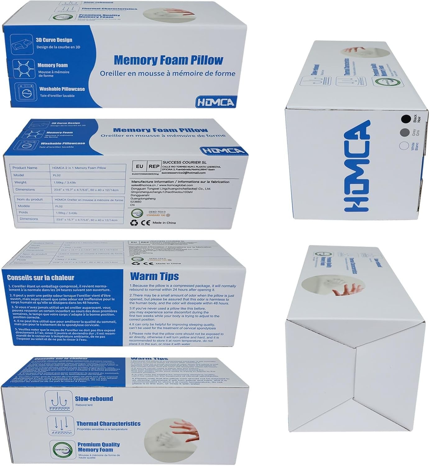 HOMCA 2-in-1 Cervical Neck Pillow Black Ergonomic Orthopedic Memory Foam NEW