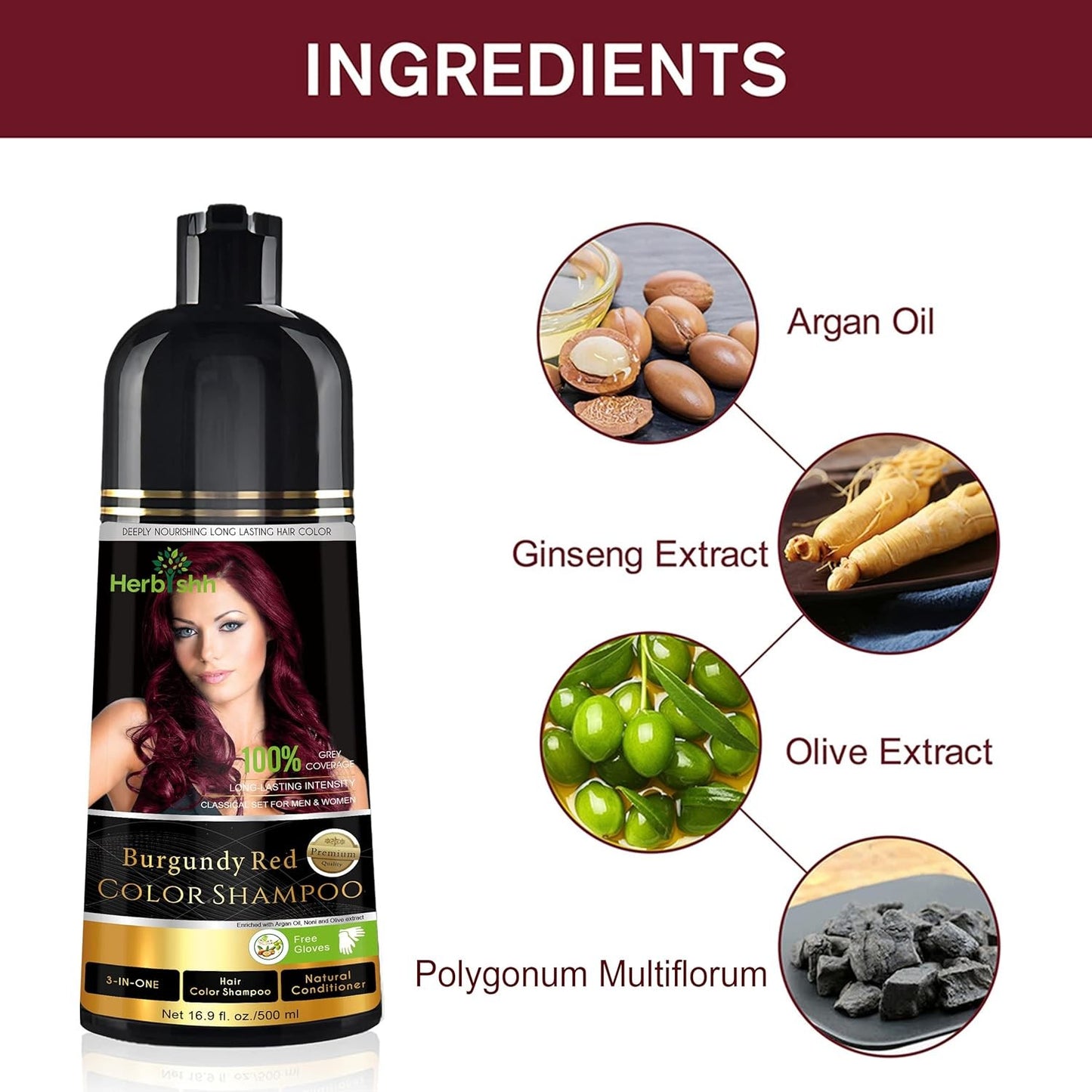 Herbishh 500ml 3 in 1 Burgundy Red Ammonia Free Hair Dye Shampoo NEW