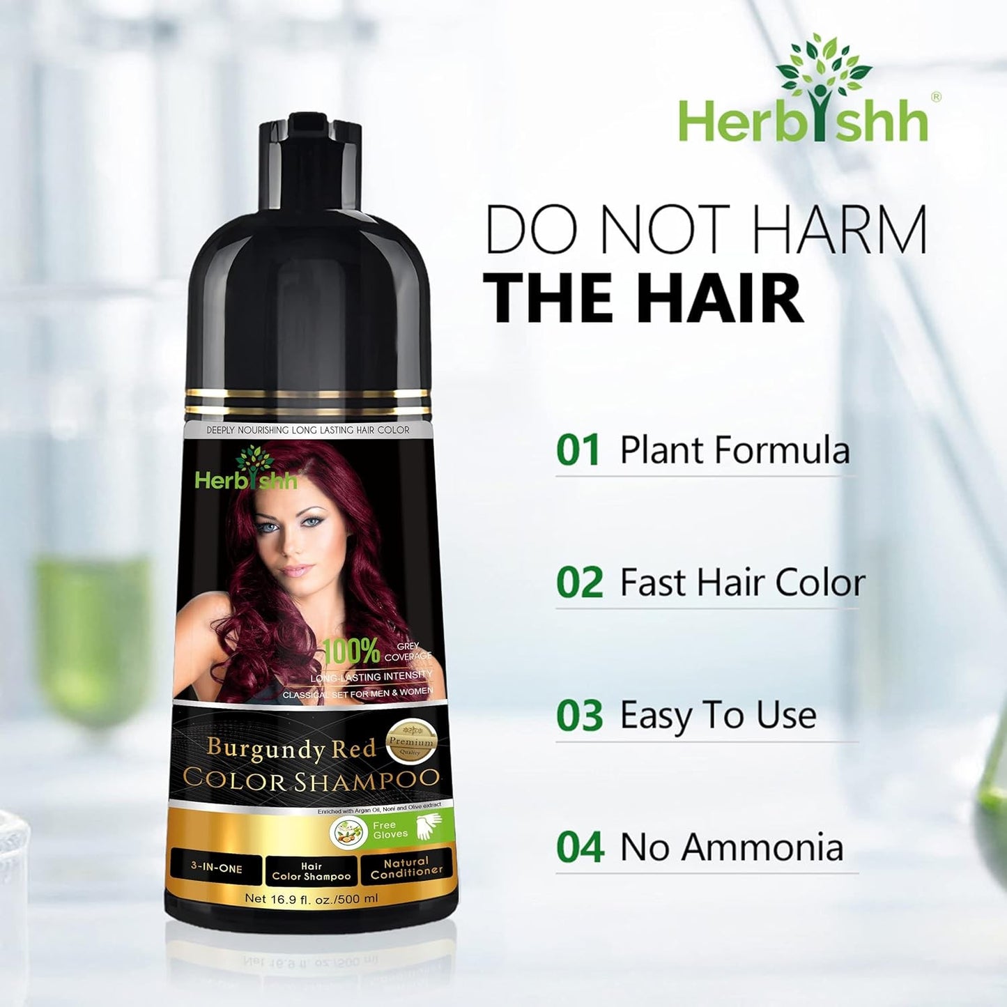Herbishh 500ml 3 in 1 Burgundy Red Ammonia Free Hair Dye Shampoo NEW