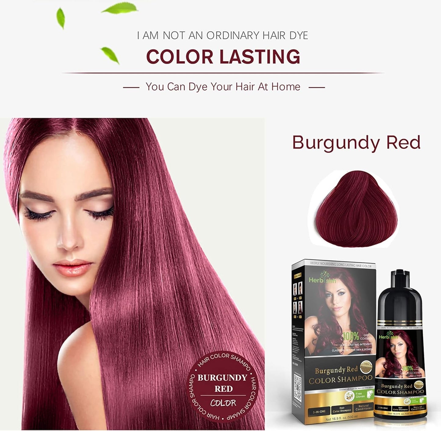Herbishh 500ml 3 in 1 Burgundy Red Ammonia Free Hair Dye Shampoo NEW