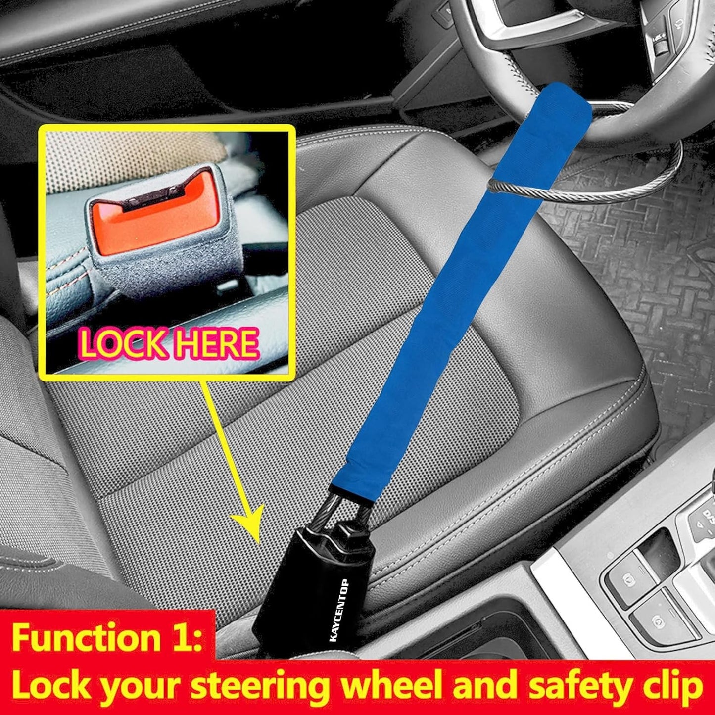KAYCENTOP 17" Max Anti-Theft Car Steering Wheel Lock and Seat Belt in Blue NEW