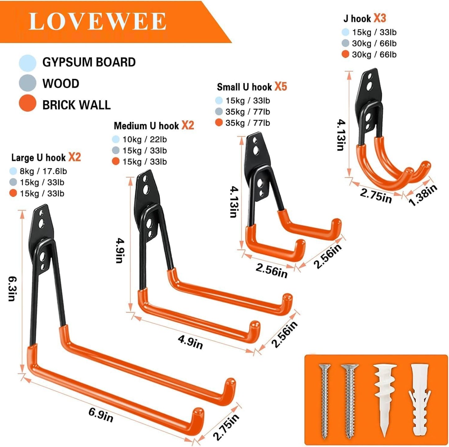 12 Pack Heavy Duty Garage Hooks Wall Mount Storage Organizer Orange Black NEW