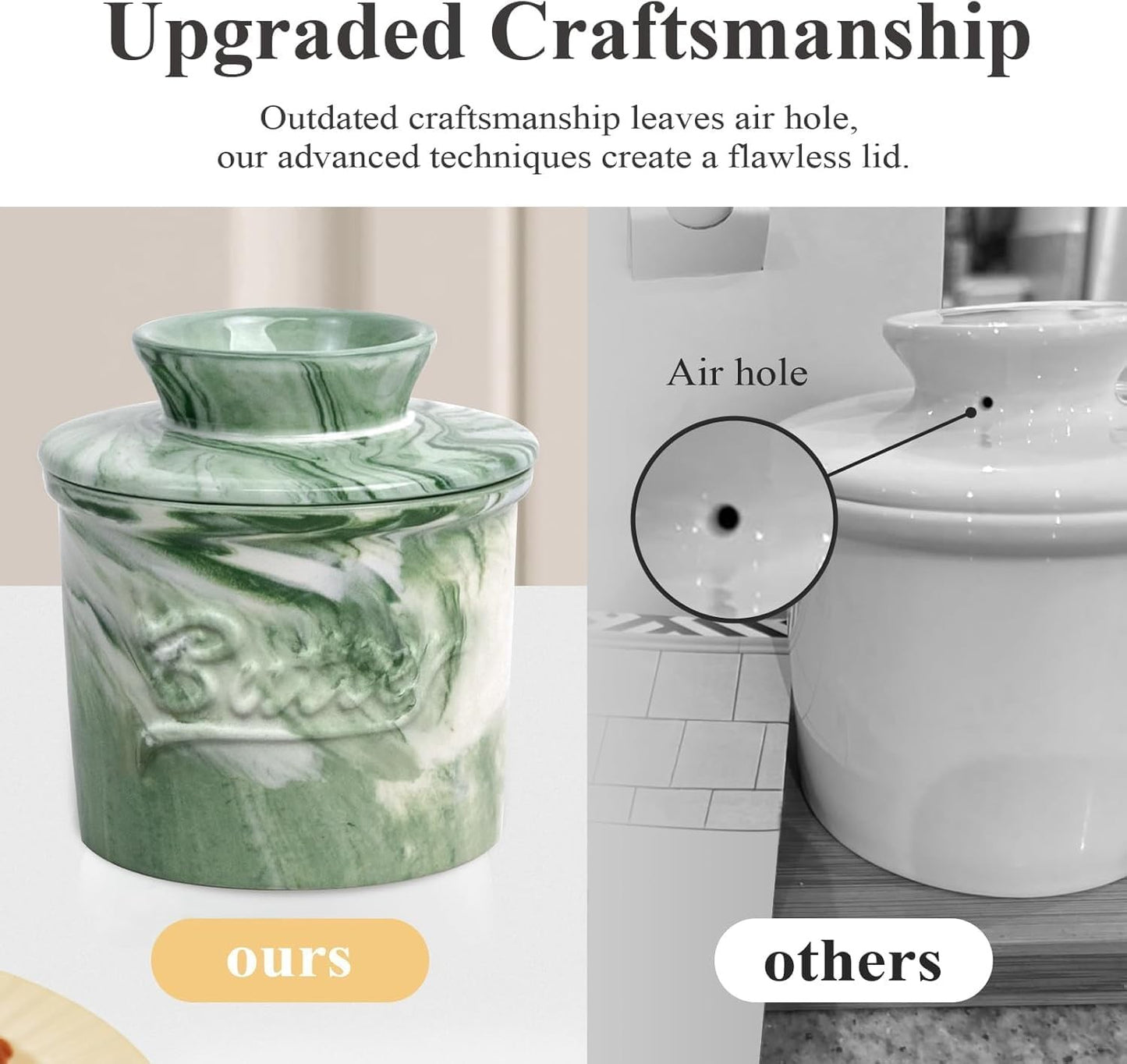 Marble Green Ceramic Butter Dish Crock Storage for 1 and 1/3 Sticks NEW