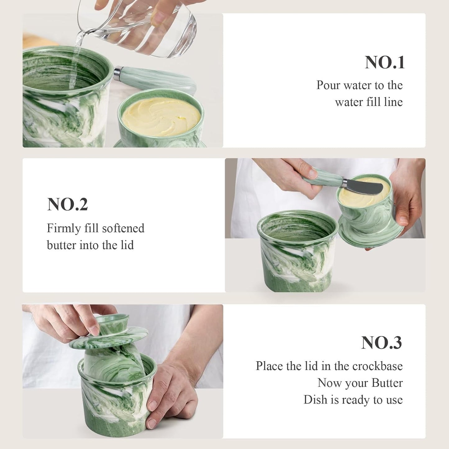 Marble Green Ceramic Butter Dish Crock Storage for 1 and 1/3 Sticks NEW