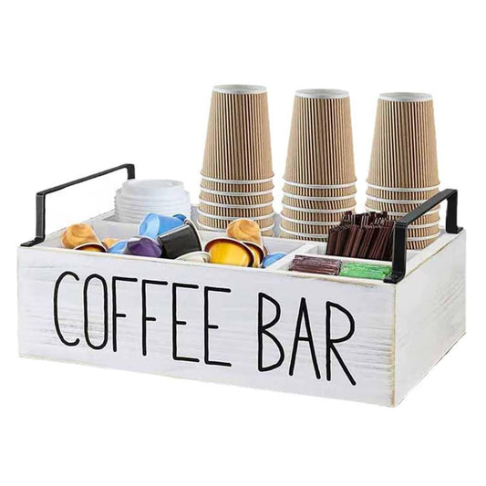 Coffee Station Organizer Box Rustic White Handle Storage for Espresso Pods NEW