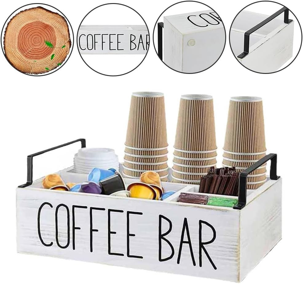 Coffee Station Organizer Box Rustic White Handle Storage for Espresso Pods NEW