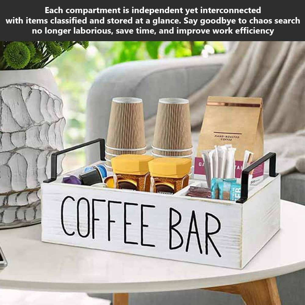Coffee Station Organizer Box Rustic White Handle Storage for Espresso Pods NEW
