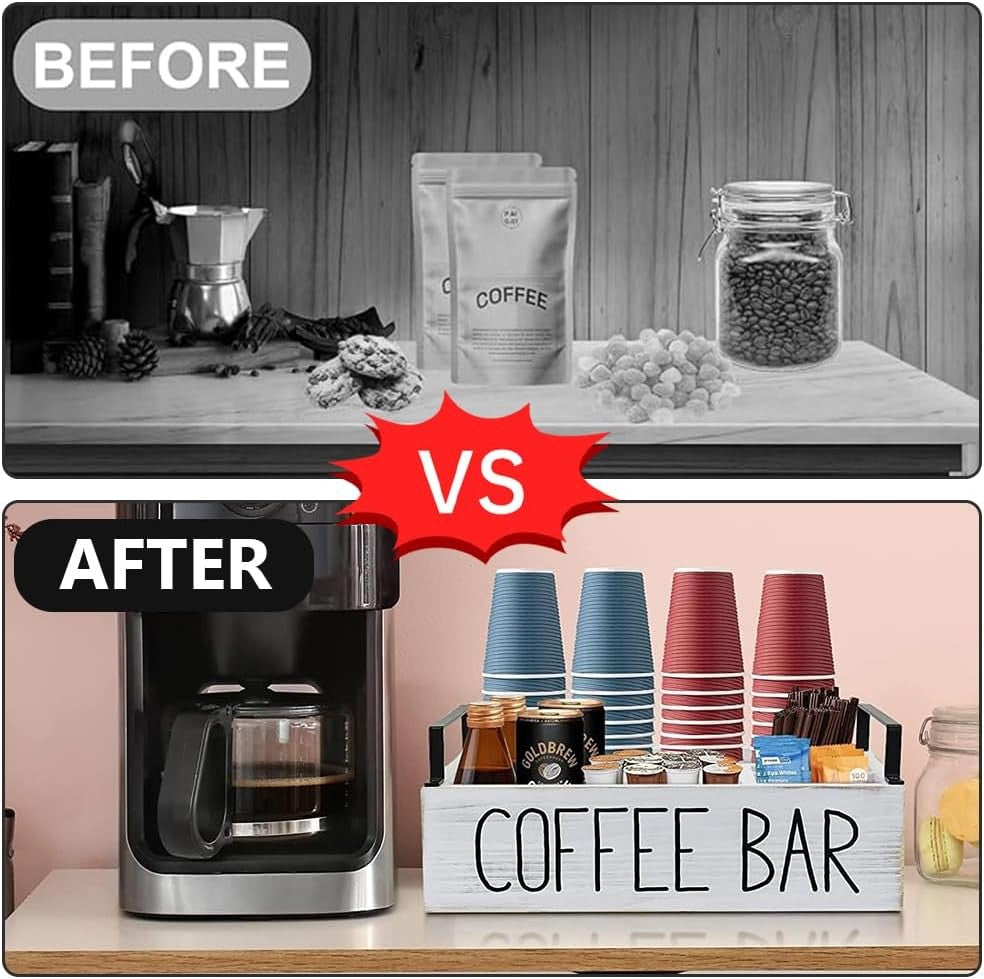 Coffee Station Organizer Box Rustic White Handle Storage for Espresso Pods NEW