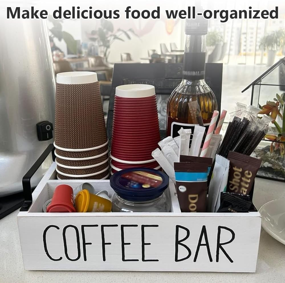 Coffee Station Organizer Box Rustic White Handle Storage for Espresso Pods NEW